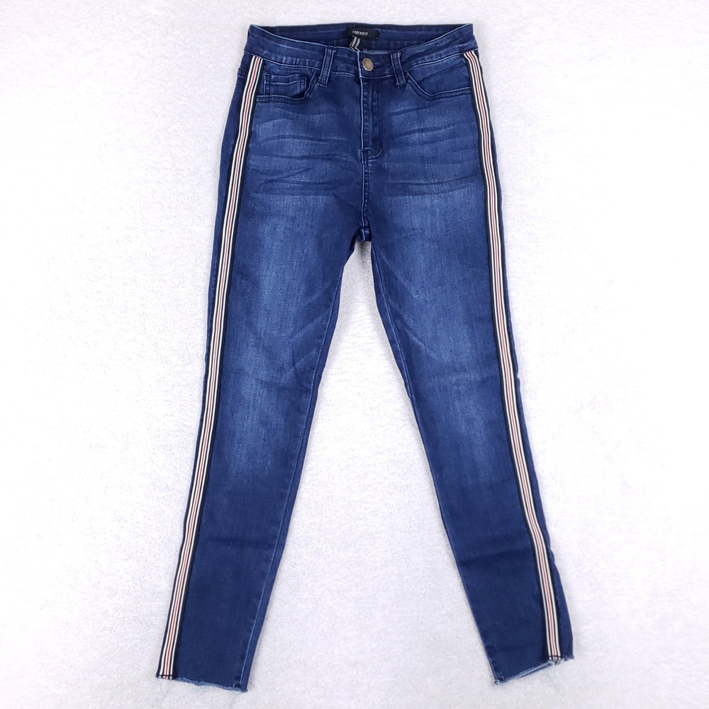 Forever 21 Skinny Jeans Womens 28 Side Stripe High Rise Dark‎ Wash Raw Hem